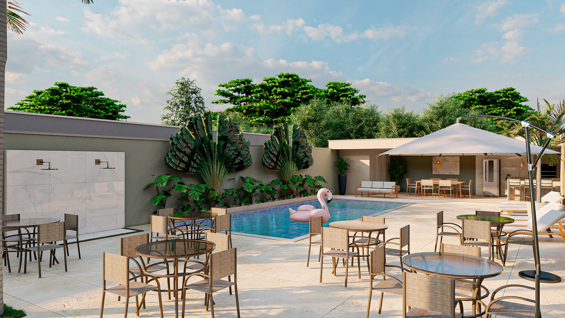 Piscina e área de convivência de empreendimento Villas Inc.